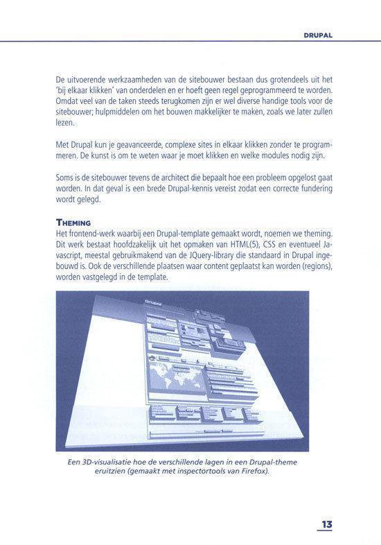 Pagina met een 3D-visualisatie van de verschillende lagen in een Drupal-theme, gemaakt met inspectertools van Firefox.
