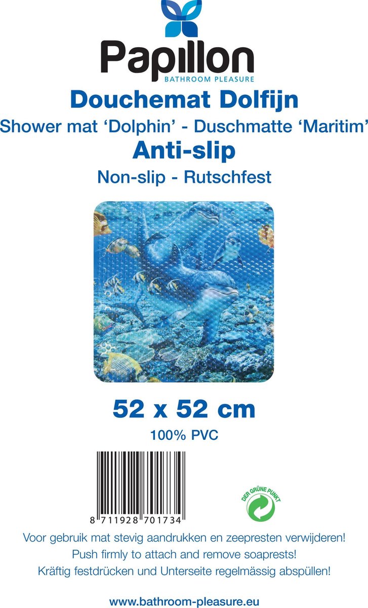 Tapis De Douche Antidérapant Papillon 52x52 Cm Dauphins Bleu - Sécurité Salle De Bain Avec Ventouses