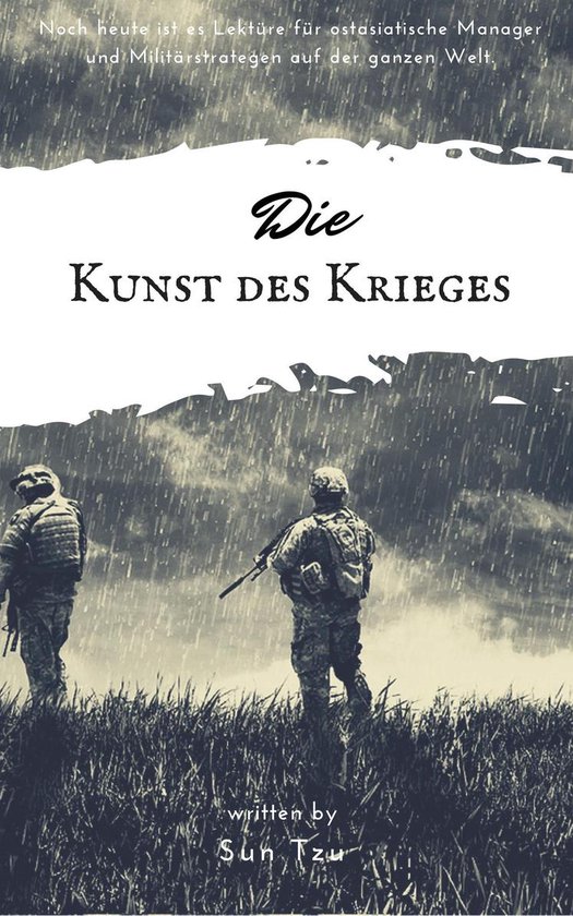 Boek "Die Kunst des Krieges" met twee soldaten in camouflage in de regen, geschreven door Sun Tzu.