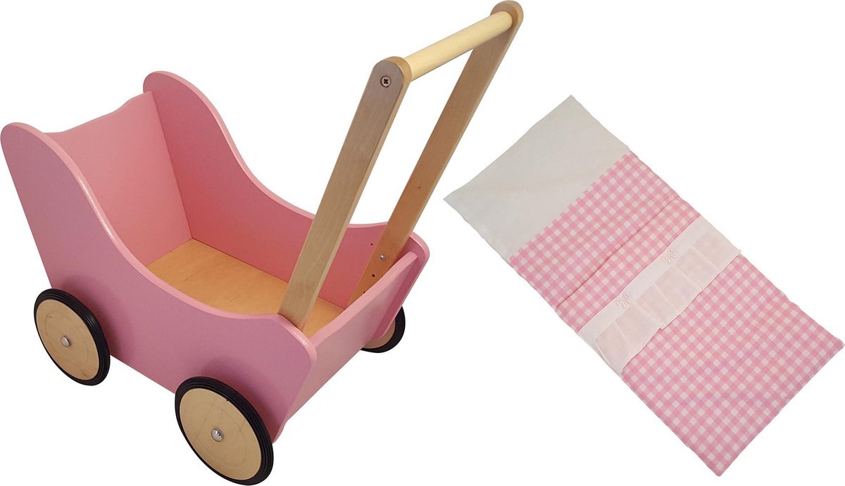 Bol.com Playwood - Houten Poppenwagen roze met natural wielen- inclusief dekje roze ruitjes aanbieding