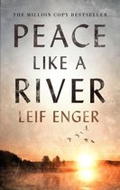 Boekcover met de titel 'Peace Like a River' door Leif Enger. Zonsondergang boven een meer met een kudde vogels.