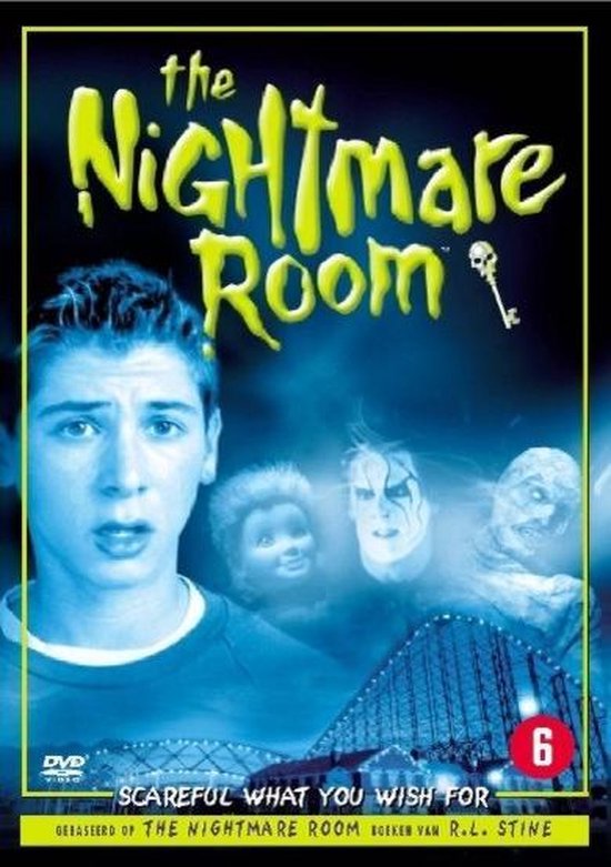 DVD-cover met de titel 'the Nightmare Room'. Een jongeman staat vooraan, met op de achtergrond enge wezens en een achtbaan. 'Scareful What You Wish For'.