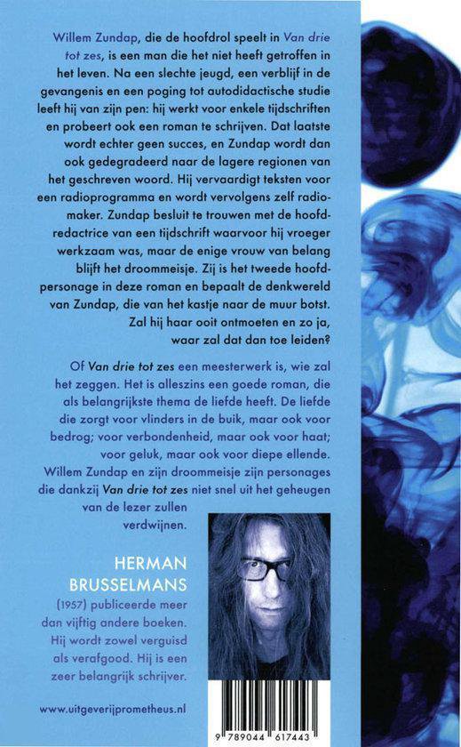 Achterkant van het boek 'Van drie tot zes' met foto van Herman Brusselmans en tekst.
