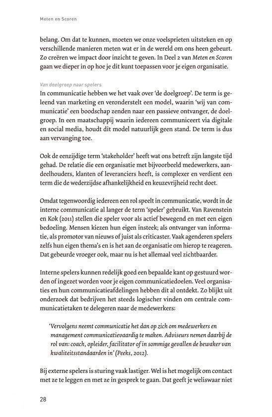 Pagina 28 van 'Meten en Scoren' met tekst over de rol van spelers in communicatie.