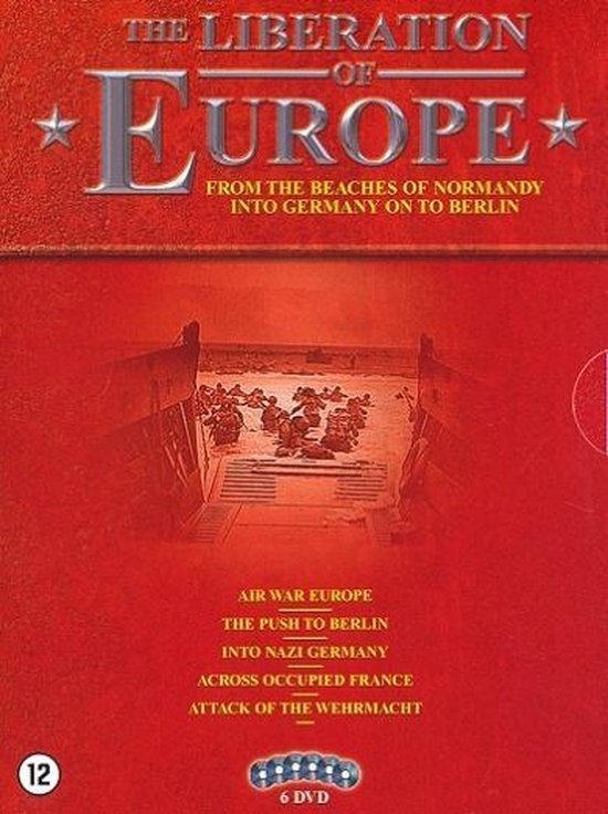 DVD-hoes van "The Liberation of Europe" met afbeelding van landende soldaten op een strand. Bevat 6 dvd's.