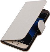 Étui portefeuille en cuir blanc pour Samsung Galaxy S7 de type livre Crocodile