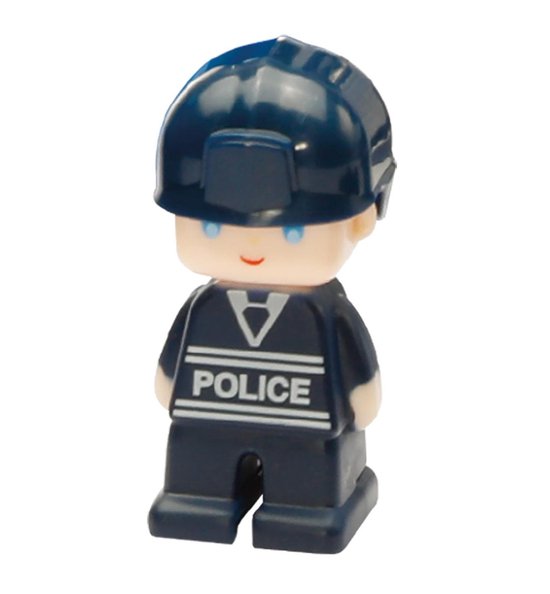 Magformers politie-figuur in blauw uniform met witte 'POLICE'-tekst.