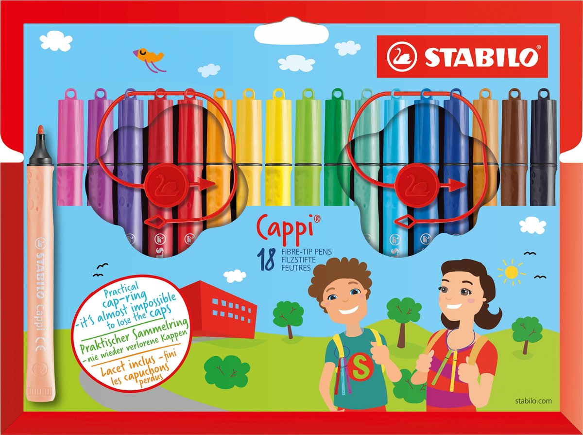 STABILO Cappi - Viltstift - Nooit Meer Je Dop Kwijt Dankzij De Dopring - Etui Met 18 Kleuren + 2 Dopringen