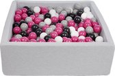 Ballenbak vierkant - grijs - 90x90x30 cm - met 450 wit, roze, grijs en zwarte ballen