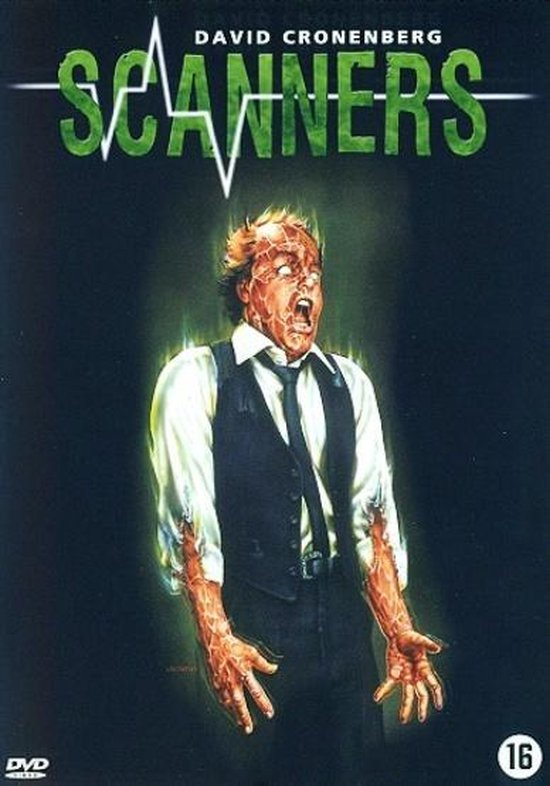 David Cronenberg Scanners. Een man met een explosief, met groene energie omgeven hoofd.