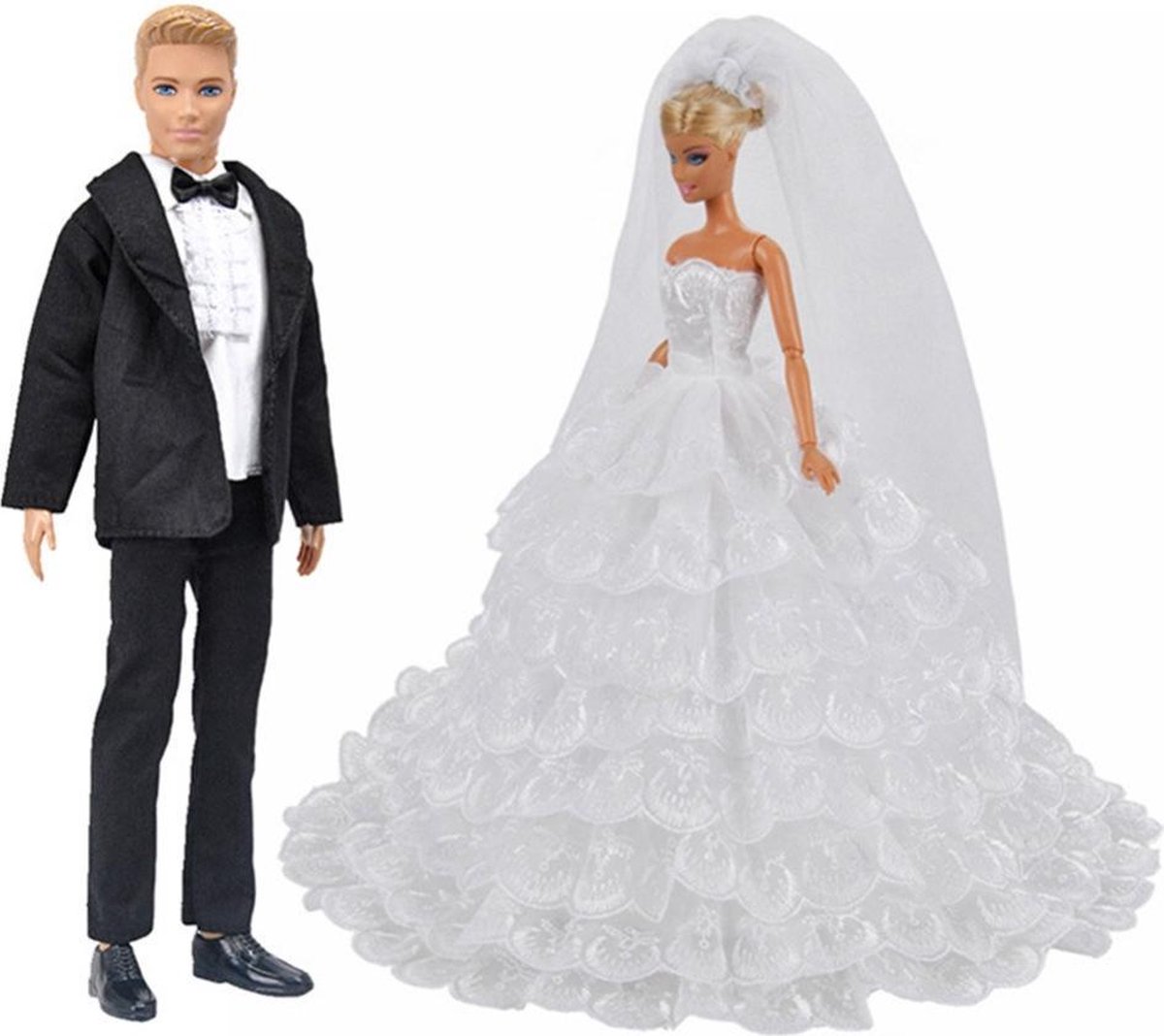 Barbie en Ken bruiloft kleding Lange witte bruidsjurk met kant en zwart pak voor modepop