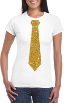 Wit fun t-shirt met stropdas in glitter goud dames 2XL