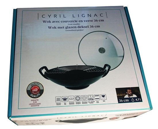 deuropening Economisch Product Cyril Lignac Ronde wok 36cm gietijzer zwart met handgrepen, glazen deksel  en draadplateau | bol.com