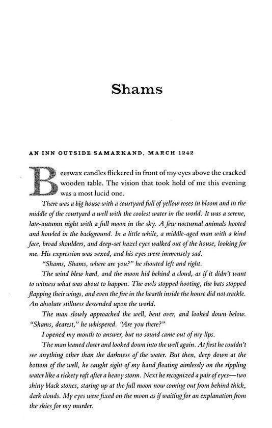 Pagina met de titel 'Shams' uit 'The Forty Rules of Love', met tekst en een decoratief symbool.