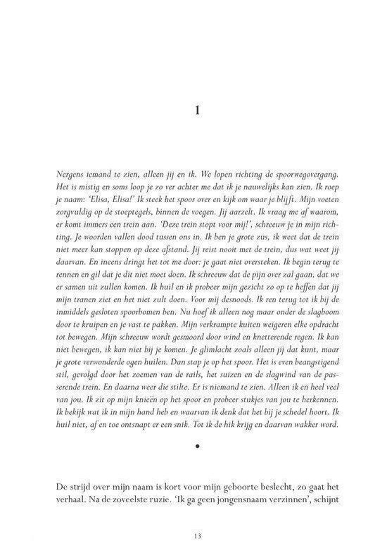 Pagina 1 van 'De som der delen', met tekst die begint met 'Nergens iemand te zien, alleen jij en ik. We lopen richting de spoorwegovergang.'.