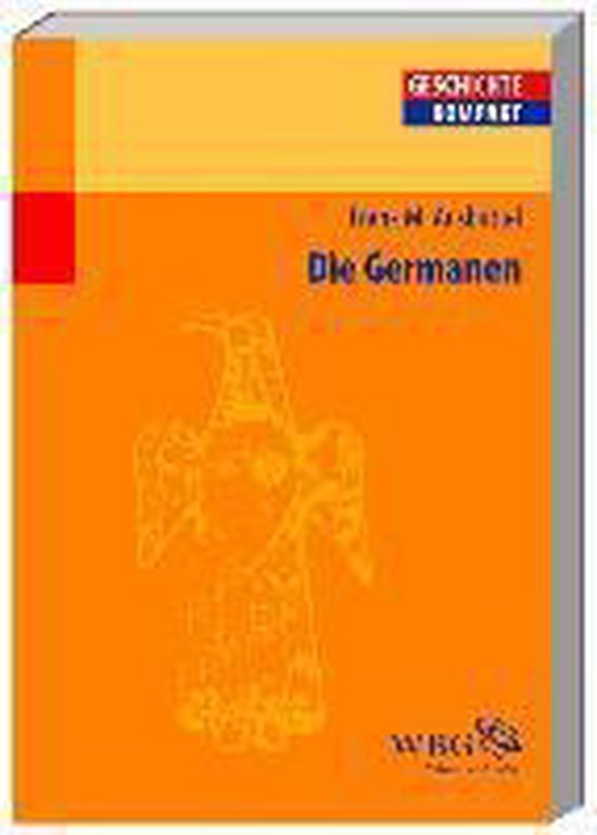 Boek 'Die Germanen' met een oranje omslag en een tekening van een figuur.