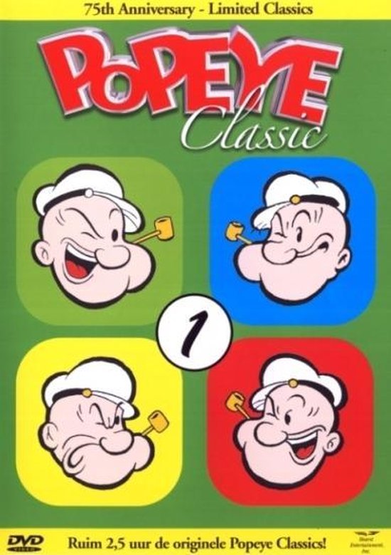 75ste Verjaardag - Popeye Classic 1 DVD, met vier Popeye-hoofden op groene achtergrond.