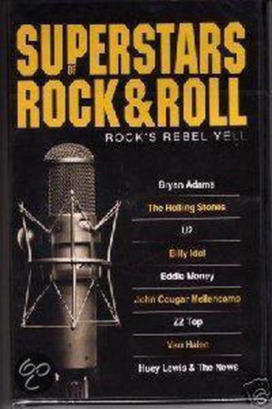DVD hoes met de titel SUPERSTARS OF ROCK & ROLL, ROCK'S REBEL YELL met een microfoon en namen van artiesten.