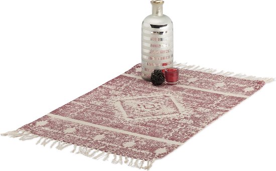tapis relaxdays Ethno - vin rouge - poils ras - avec franges - chemin de roulement - tapis - tapis rouge, 60 x 90 cm
