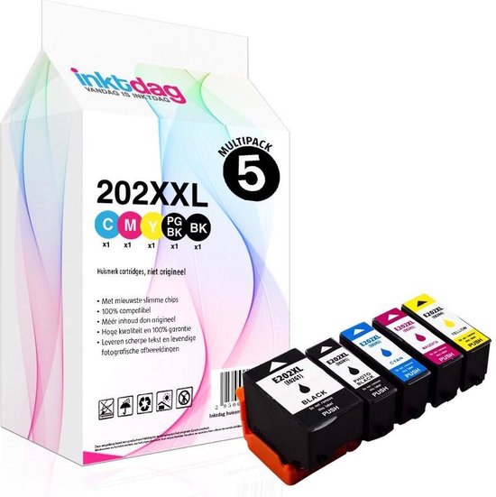 Inktdag inktcartridges voor Epson 202 XL, 202xl multipack van 5 kleuren (1*zwart, 1*foto zwart, 1*C/M/Y) Multipack van 5 cartridges voor Expression Premium XP 6000, XP 6005, XP 6100 en XP 6105