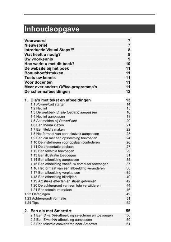 Inhoudsopgave van het Basisboek PowerPoint 2013 en 2010.