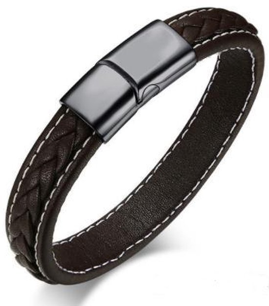 Schitterende Bruin Leren Gevlochten Armband Sluiting Zwart | Damesarmband | Herenarmband