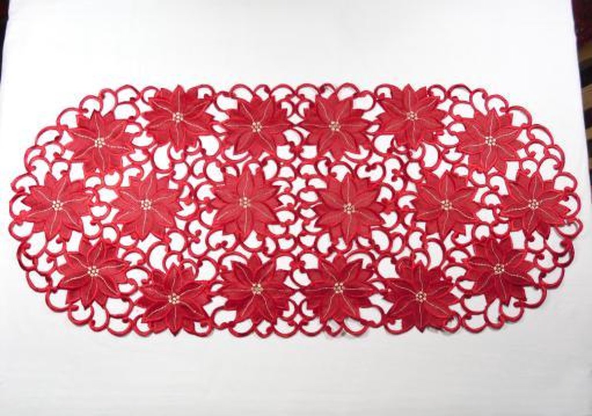 Kerst tafelkleed - Rood - opengewerkt - Bloemen - Loper 45 cm - 353R