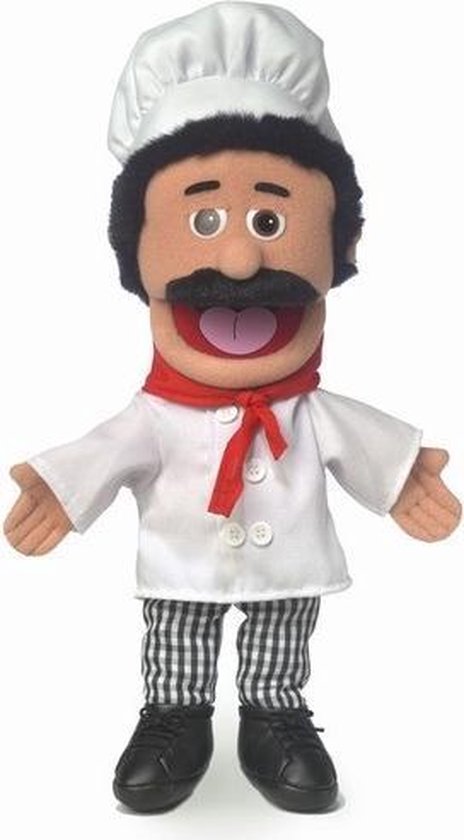 Handpop van een kok met witte koksmuts, rood sjaaltje, witte jas en geblokte broek.