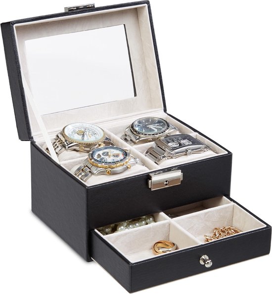 relaxdays sieradendoos met lade - horlogebox voor 4 horloges -  afsluitbaar... | bol.com
