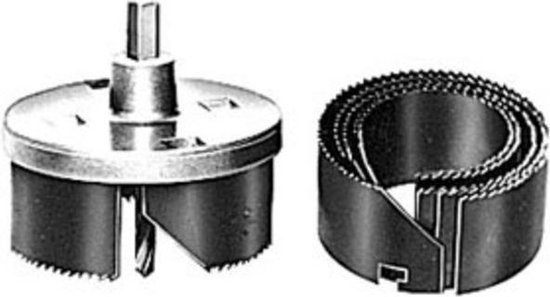 Wolfcraft gatenzaag met verwisselbare zaagbladen, links de zaag, rechts de losse bladen.