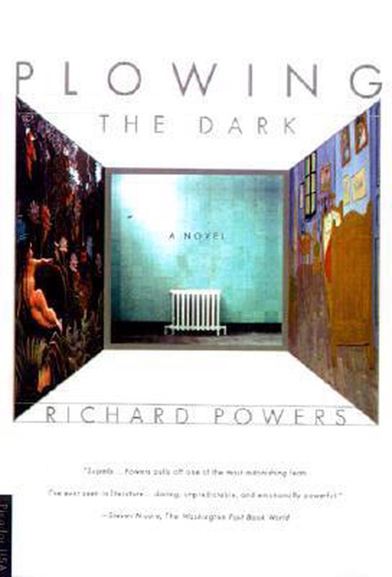 Boekomslag van 'Plowing the Dark' van Richard Powers, met een interieurscène met radiatorkachel en schilderijen.