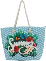 Strandtas blauw/wit Summer 54 cm - Strandtassen/schoudertassen blauw met wit - Shoppers/zomer tassen