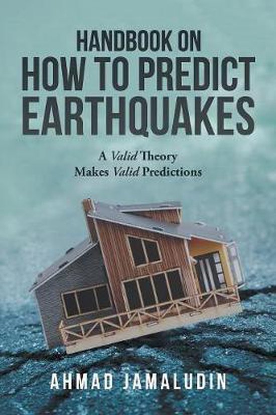 Livre 'Handbook on How to Predict Earthquakes' avec un modèle de maison sur un sol craqué au premier plan.