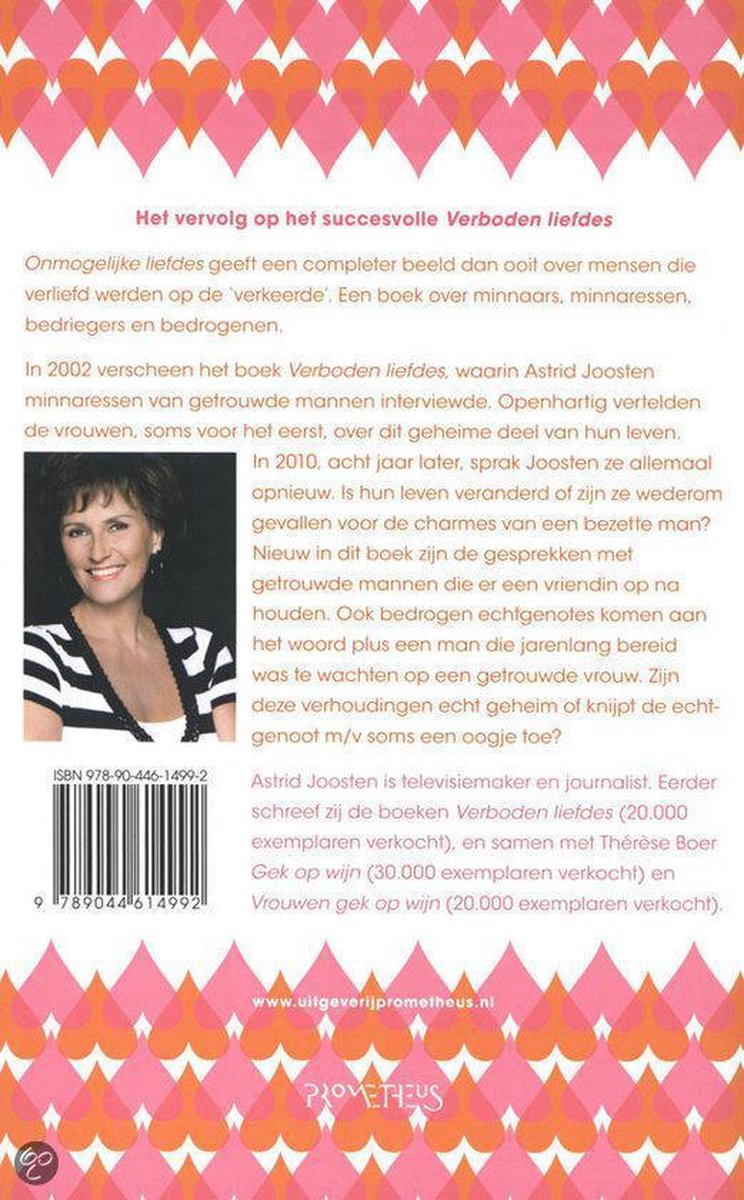 Boek met illustraties van harten, titel "Onmogelijke liefdes", ondertitel "Openhartige verhalen van minnaressen, getrouwde mannen en bedrogen echtgenotes" en foto van Astrid Joosten.