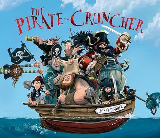 DePiratenboeg van 'The Pirate Cruncher' met vrolijke piraten in een boot. Een piratenvlag met doodshoofd wappert.