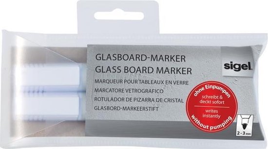 Verpakking met twee witte glasbordmarkers. Tekst: "Glasboard-Marker", "sigel", "ohne Pumpen", "schreibt & deckt sofort", "writes instantly".