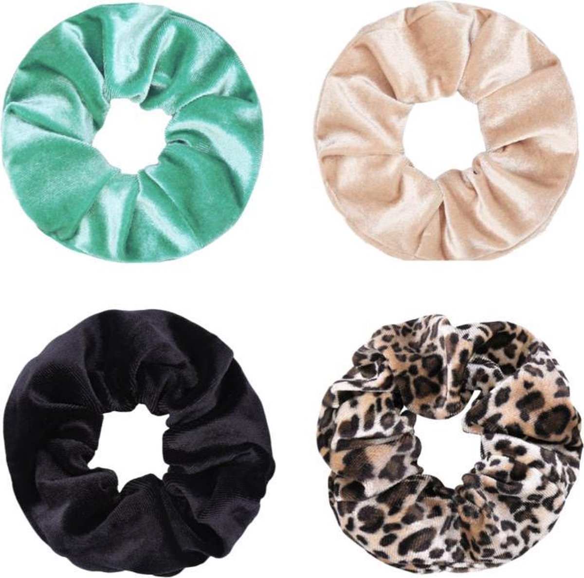 Jumalu scrunchie velvet haarwokkel haarelastiekjes - mint groen, beige, zwart en tijgerprint - 4 stuks