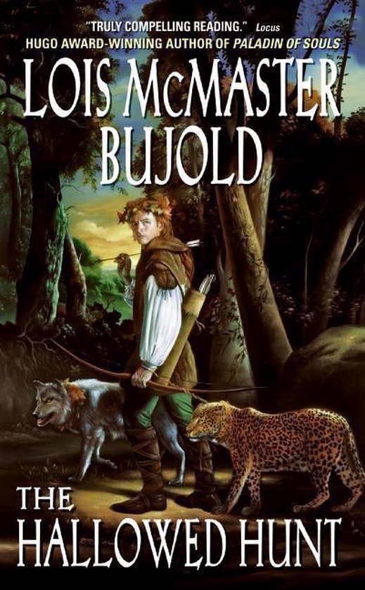 Een man met een lauwerkrans en pijl en boog, met een wolf en een luipaard aan zijn zijde. "The Hallowed Hunt" door Lois McMaster Bujold.