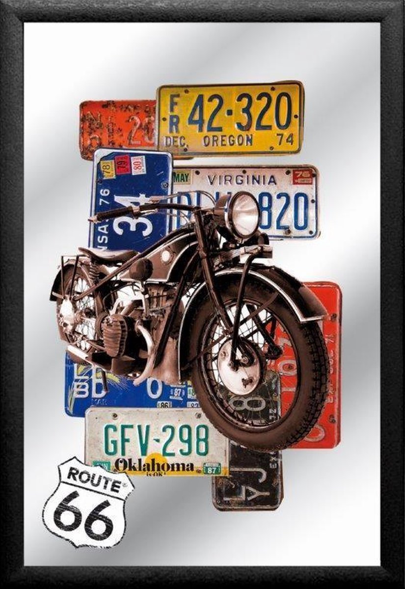 Mirrors Route 66 Wandspiegel Motor & License Plates Spiegel 22 x 32 cm