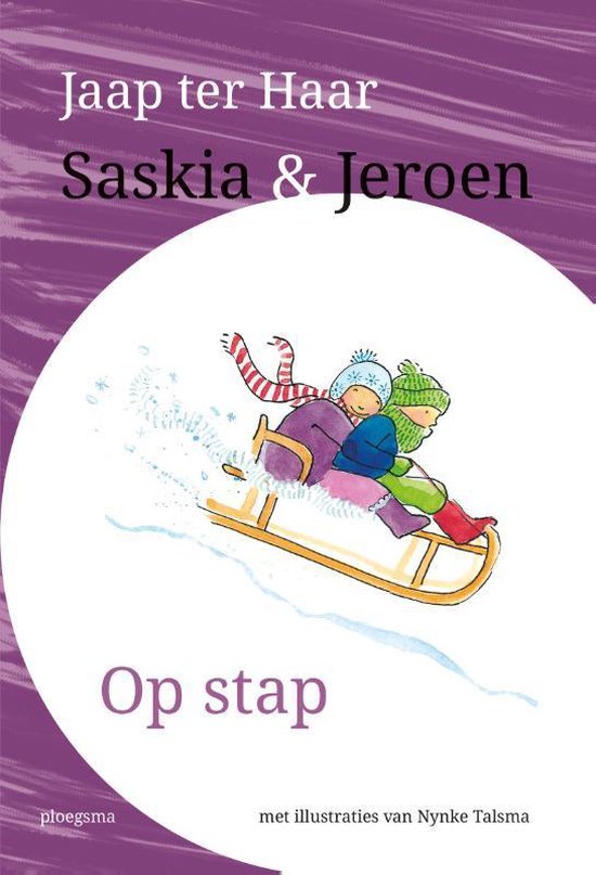 Boekcover van Saskia & Jeroen - Op stap. Twee kinderen op een slee in de sneeuw, met kleurrijke winterkleding.