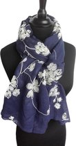 Dames sjaal - katoen - polyester - geborduurd - borduurwerk -bloemen - marine - crème - 70 x 175 cm