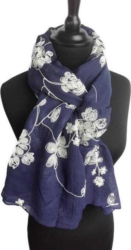 Dames sjaal - katoen - polyester - geborduurd - borduurwerk -bloemen -  marine - crème... | bol.com