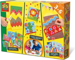 SES - Ik leer knippen, mozaïeken en prikken - 3-in-1 - knip set met veilige schaar, prik set en mozaïek set - knutselpakket - speelgoed 3 jaar
