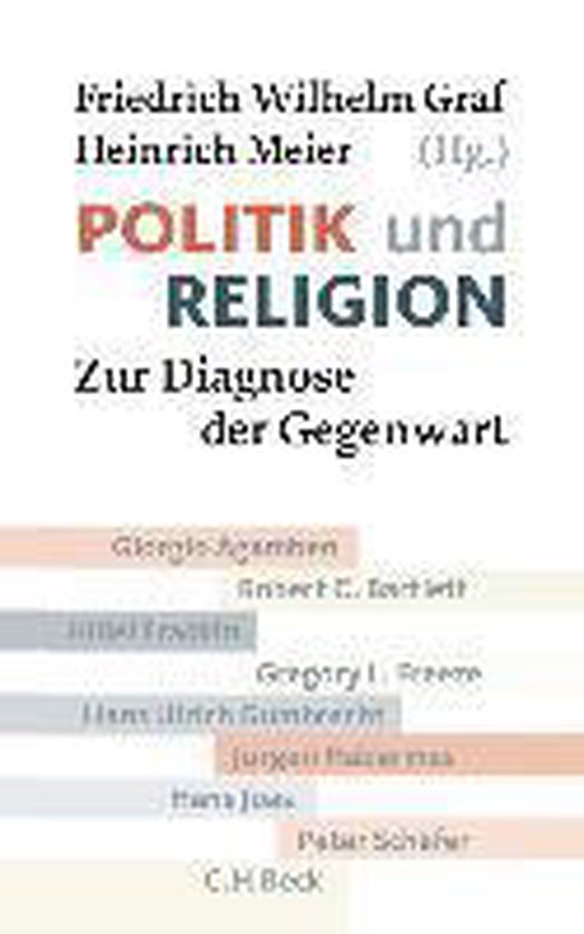 Boek 'Politik und Religion' met rode, grijze en blauwe letters op een witte achtergrond. De auteursnamen staan op gekleurde stroken.