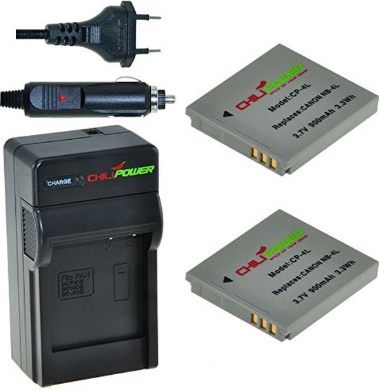 NB-4L accu 900mAh set 2x voor Canon IXUS, Powershot, Legria + compacte lader en autolader
