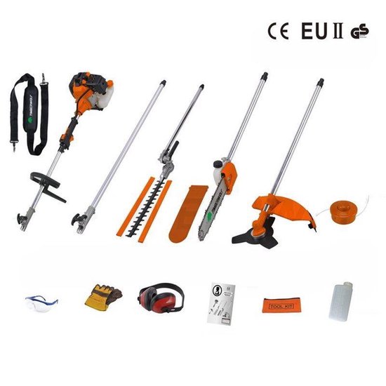 TIMBERPRO - 5-in-1 – Multitool – Benzine - Kettingzaag - Bosmaaier -Kantenmaaier - Haagschaar - Verlengstuk - 52 cc.