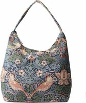 Signare Dames Handtas Hobo - Gobelin - Aardbei en Vogels Blauw