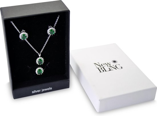 New Bling Gift Set 9NB SET010 54 Bijoux Gift Set - Boucles d' Boucles d'oreilles en argent 6x8 mm Collier 40 + 5 cm Taille de Ring 54 - Solitaire Zirconia stone - Argenté / Vert