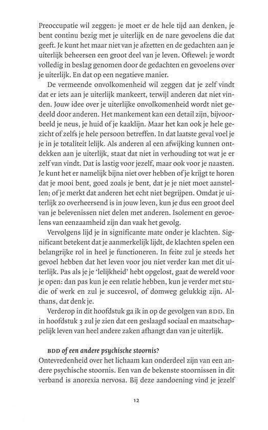 Een pagina uit een boek met tekst over preoccupatie en de definitie van BDD.