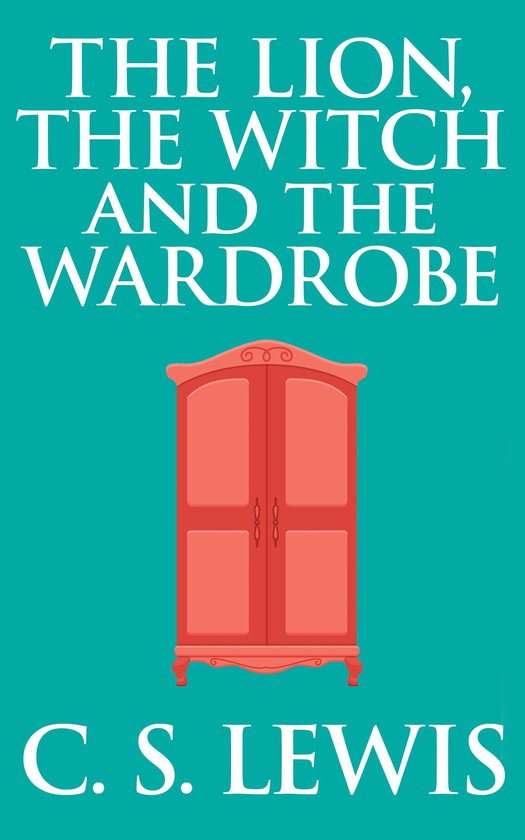 Boekomslag met rode kledingkast en titel "THE LION, THE WITCH AND THE WARDROBE" C. S. LEWIS.